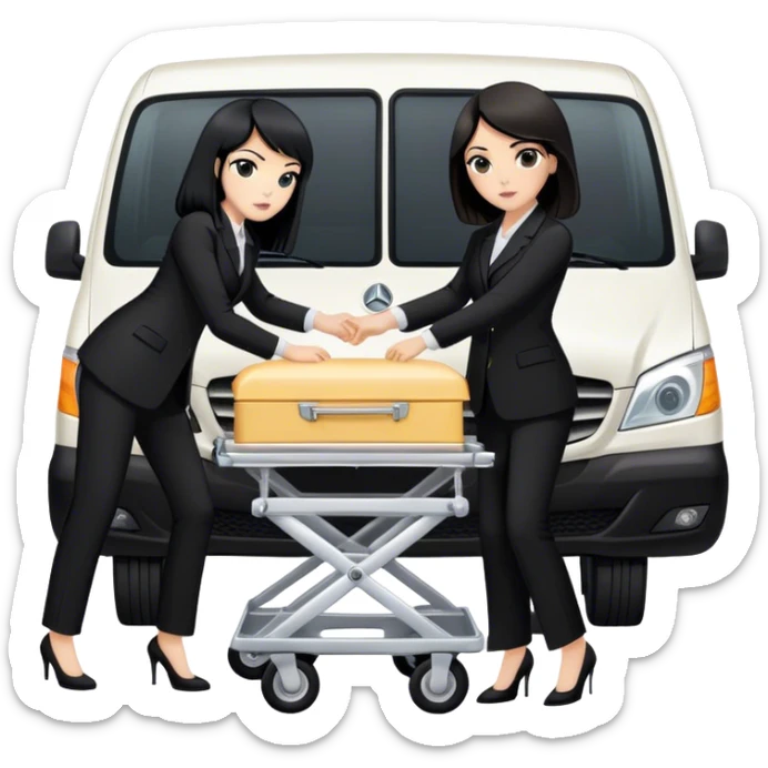 One black haired woman and one brunett woman in black pants suits punching a funeral stretcher in to a black Mercedes Vito funeral van  sticker