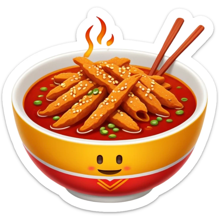Spicy Gluten Strips in bowl with red chili oil, simplified emoji style with bold outlines and bright colors, cartoon style Chinese street food Mala Jisi sticker