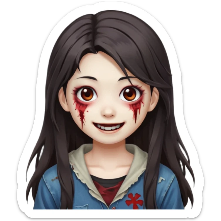 Japanese zombie girl smiling and long dark brown hair sticker
