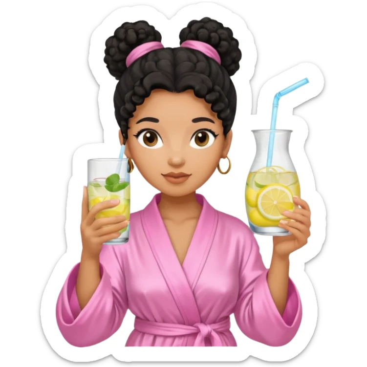 Mixed-race woman with caramel skin, black curly hair tied in a bun, wearing a pastel pink silk robe, holding a glass of infused water with lemon sticker