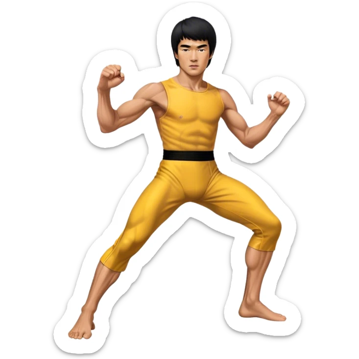 Cinematic Realistic portrait of Bruce Lee, shown as a legendary martial artist in a dynamic, powerful pose with modern athletic attire and finely detailed muscle definition, rendered in dramatic action lighting sticker