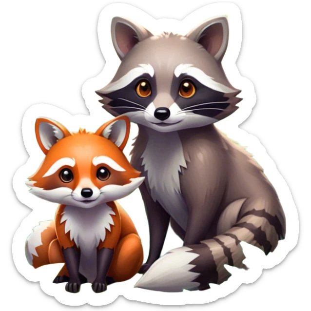 Collage of a raccoon and a fox, in close-up, surrounded by a colorful forest with rich green trees, thick bushes, and vibrant foliage. Sunlight peeks through the branches, casting warm light on the animals. A lively, natural setting with a transparent background. sticker