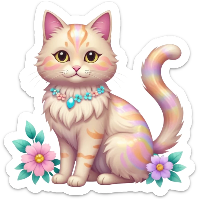Pastel colorful shiny ethereal elegant pretty beautiful realistic furry fluffy glossy glittery cat with flowers and pastel colors aesthetic (full body) sticker