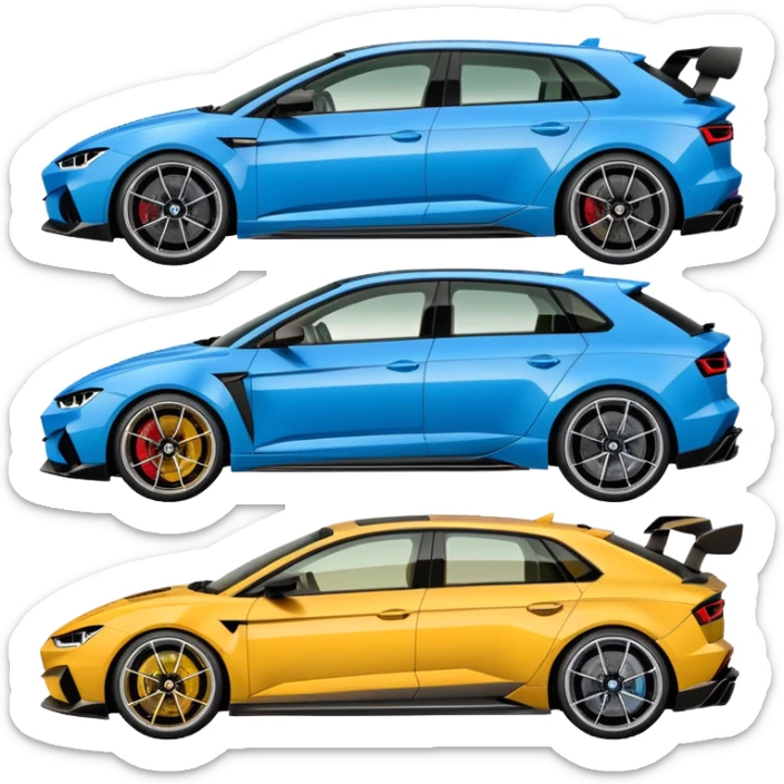 three cars lineup fromt profile forming a semi circle with a lamboghini svj an bmw m140i and a audi ra6 sticker