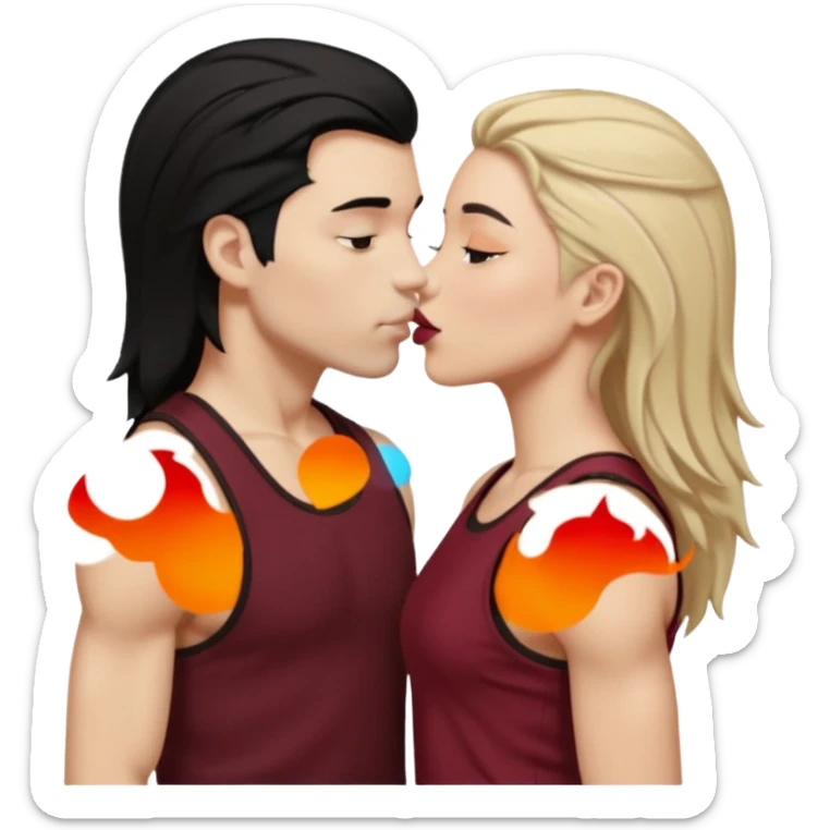 a white masculine woman with short mullet tomboy black hair wearing men's black tank top kissing a lightskin woman with long dark blonde hair wearing maroon tank top sticker
