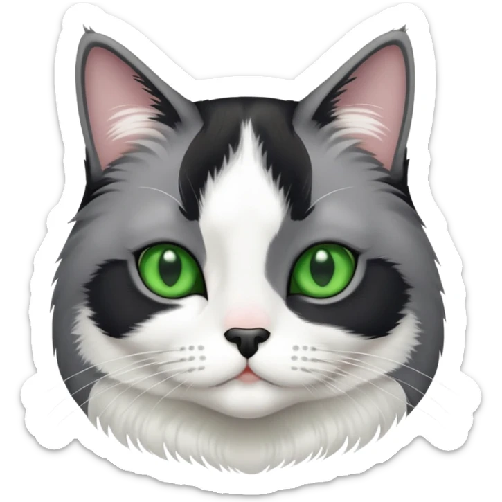 Gray and white  tuxedo cat medium hair with a a black nose and green eyes sticker
