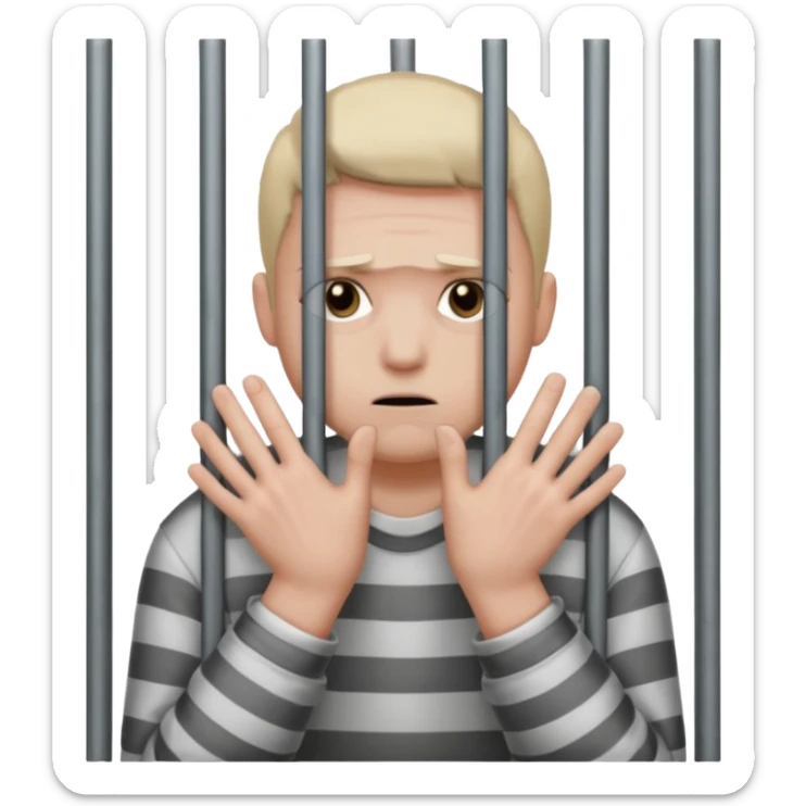 Smutna buzia (☹️) za więziennymi kratami trzymająca się ich rękami sticker