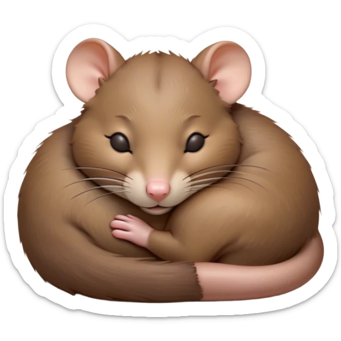 Meme-Worthy Cute Sleeping Brown Rat Portrait Emoji, Head resting peacefully with a contented smile, showcasing a compact, nimble build and a luxuriously soft brown coat, eyes gently closed in serene, restful slumber, Simplified yet hilariously adorable features, highly detailed, glowing with a soft, drowsy light, high shine, relaxed and utterly lovable, stylized with an air of playful laziness, soft glowing outline, capturing the essence of a sleeping rat that feels destined to become the next viral sensation of adorable urban rest! sticker
