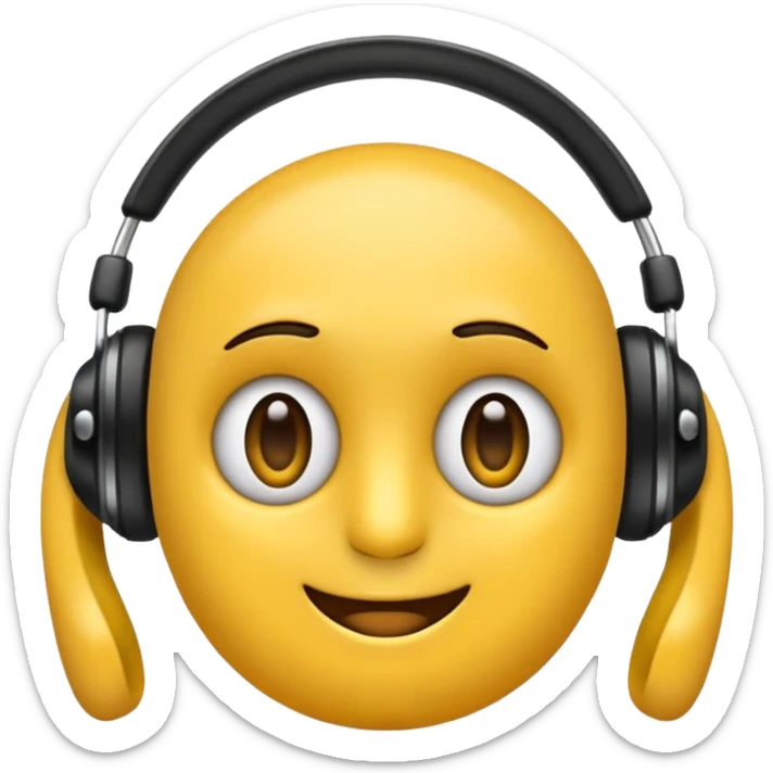 Ein gelber runder Emoji der die Augen geschlossen hat. Total im moment. Glücklich, leichtes lächeln. Verträumt. Leichtigkeit. Freiheit. Overearkopfkörer auf und im hintergrund kleine musiknoten sticker