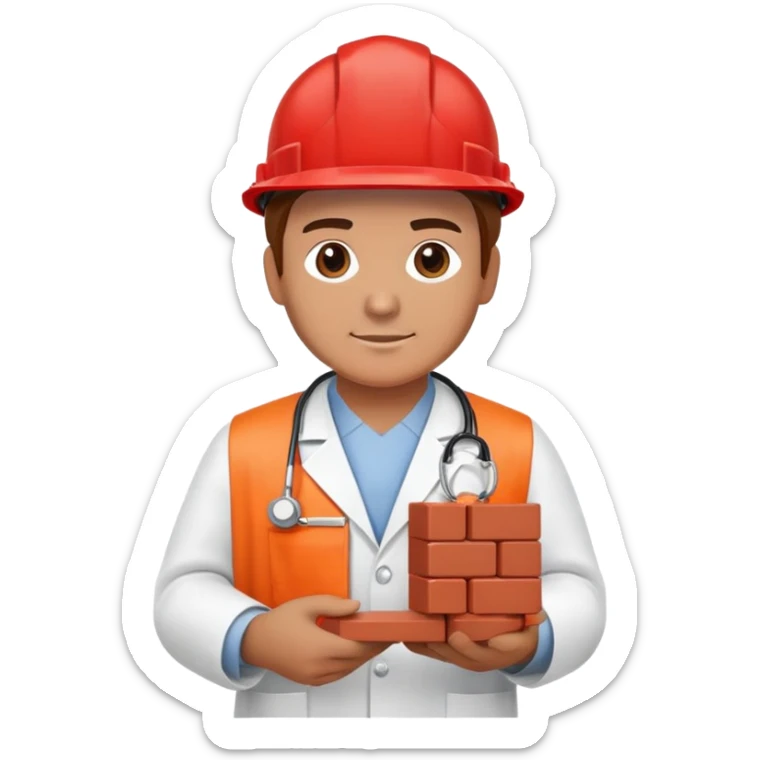 Brick mason wearing a hard hat but in a doctors gown emoji holding a red brick sticker