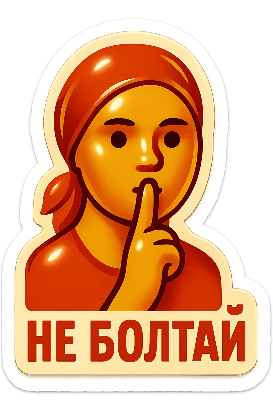 minimalist emoji of woman holding finger to lips, text 'не болтай' below, vintage Soviet poster style sticker
