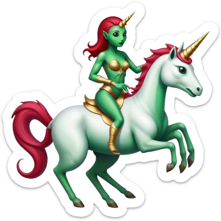 "reptilian green alien woman, in long slim dark red", rides, "unicorn gold and white"
 sticker