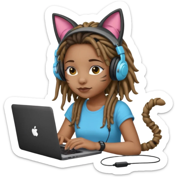 black girl with dreads who works remotely through a laptop with headphones that have plastic cat ears connected to the headphones.  sticker
