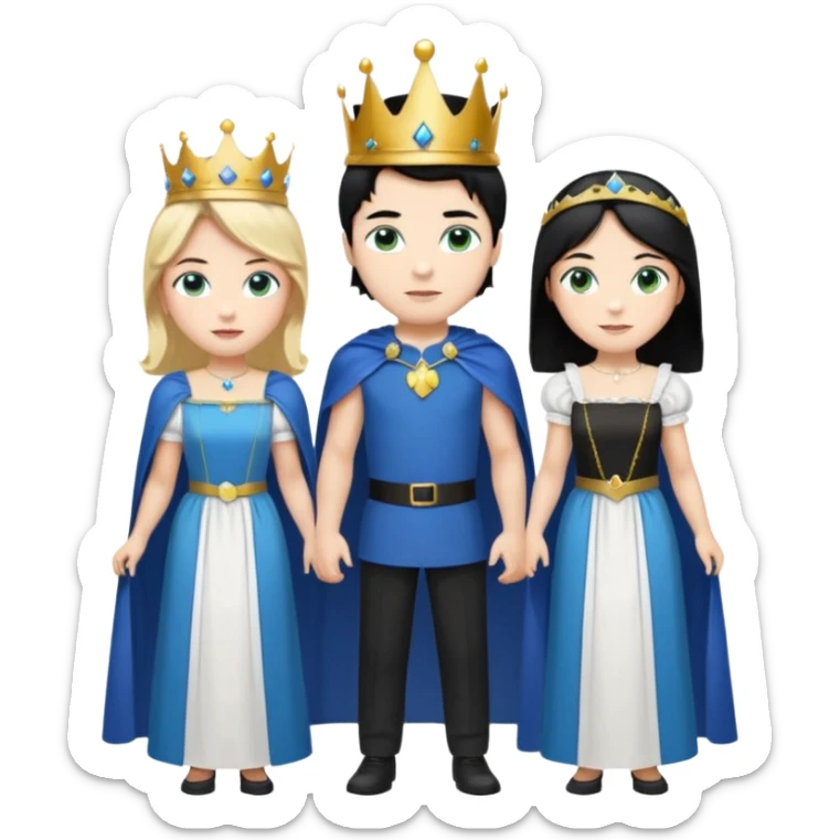 Prince with crown, blue cape and trousers, body and legs, black hair, blue eyes and maid, blonde hair, green eyes, sexy white short sleveless dress,  sticker