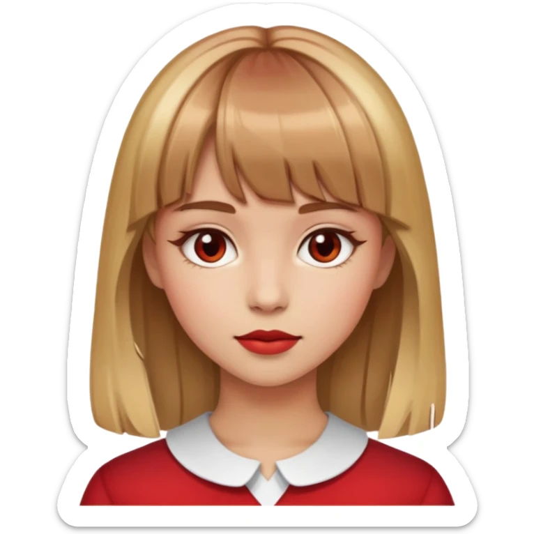 girl with light brown hair with lots of blonde highlights and bangs and a red face sticker