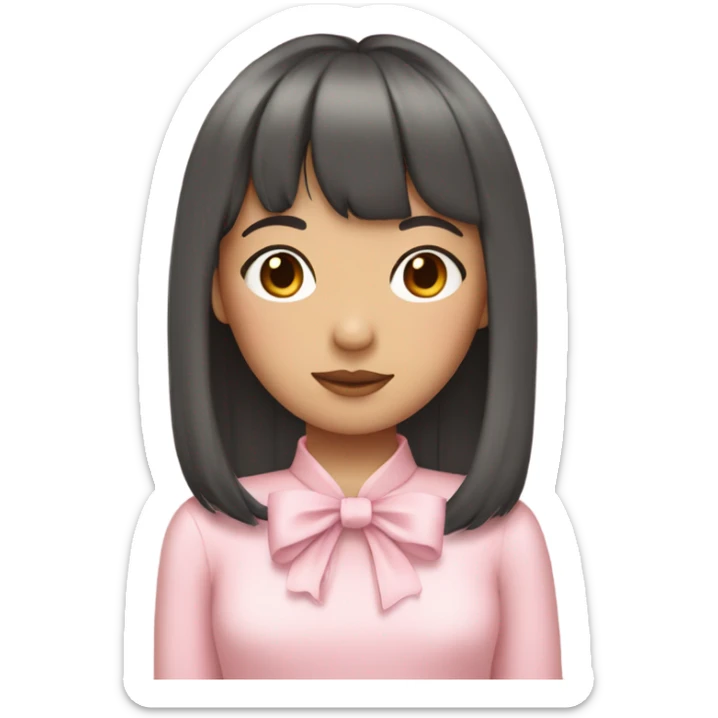 an asian girl with curtain bangs wearing cute light pink clothes and coquette ribbons sticker