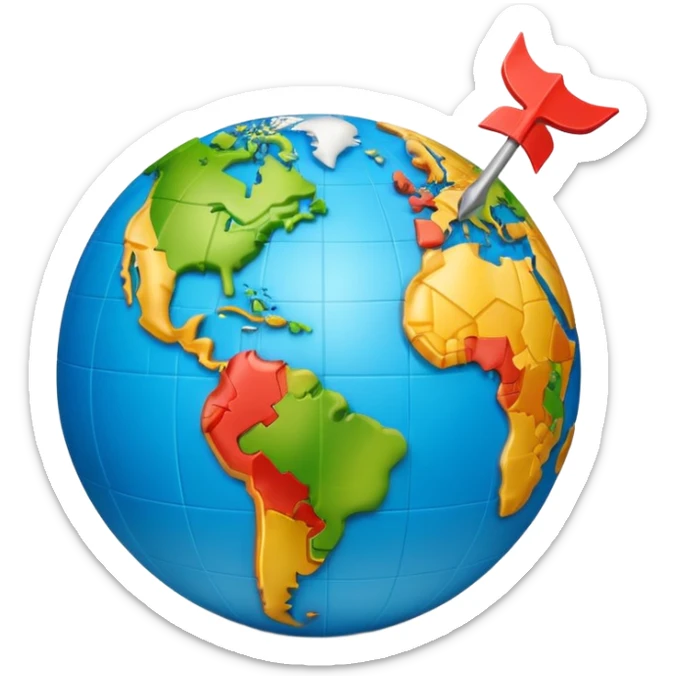 3D globe in Apple emoji style, Germany clearly marked in Europe, arrow pointing from Germany to USA in North America, word 'VPN' in modern bold sans-serif font at the top, smooth gradients, soft shadows, realistic 3D look, no other text, suitable for Instagram Reel sticker