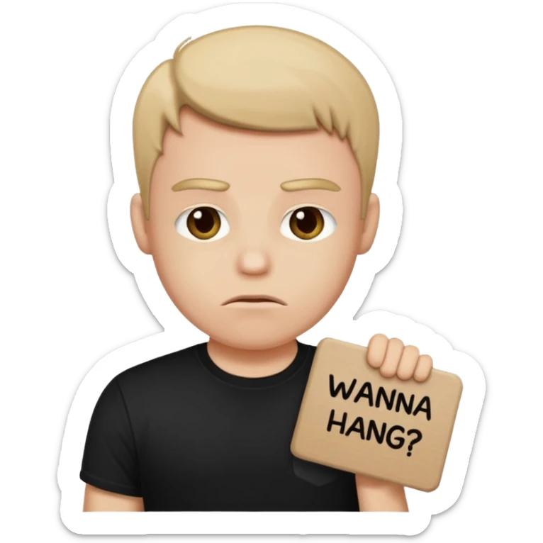 A man holding a sign that says “wanna hang? Wanna chill?” While looking pouty sticker