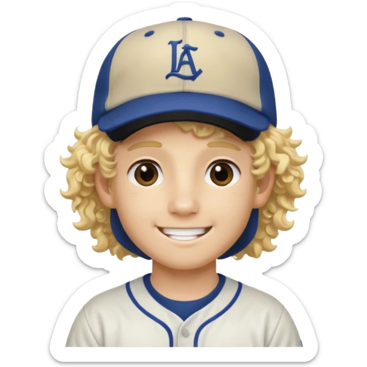 blonde boy with long curly hair past his hears and a LA baseball hat in japanese, smiling sticker