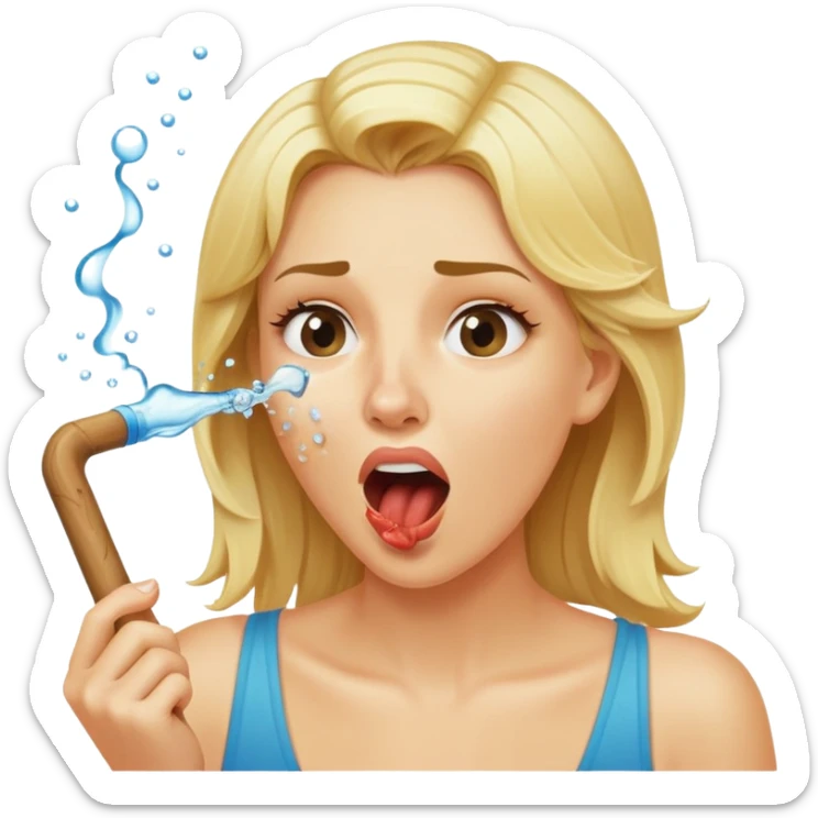 blond woman biting a wide skin-tone stick with a bite mark, water jet shooting from the stick into her mouth, surprised look sticker