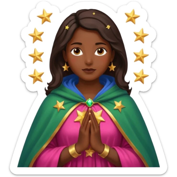 Mujer de piel morena, rostro sereno, manos juntas. Vestido rosa rojizo manto capa azul verdoso con muchas estrellas doradas pequeñas Resplandor como rayos de luz dorado alrededor del cuerpo. sticker