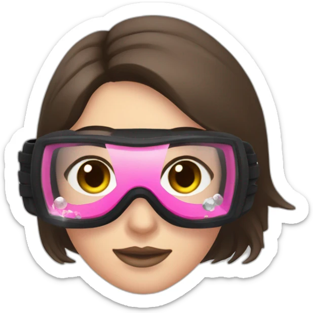 woman with brown eyes, large and straight brown hair, pink diving mask with a single crystal. underwater black suit sticker