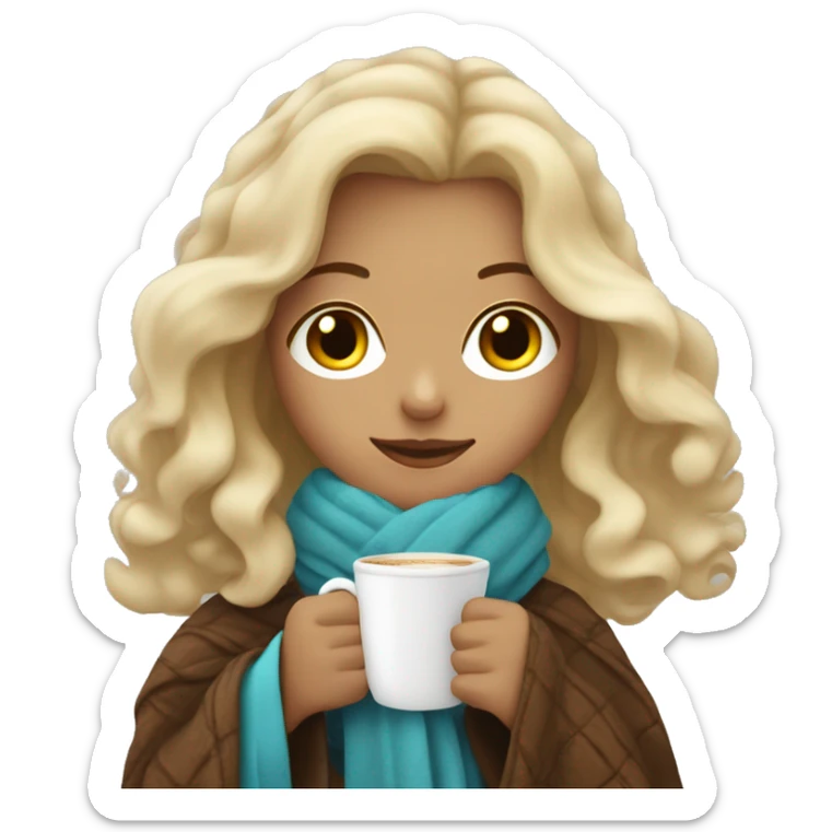 blonde girl with wavy hair, coffee in hands, wrapped in a blanket sticker