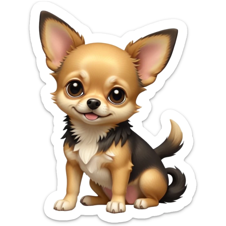 cinematic-[chihuahua dog]-realistic-full-body-sitting-emoji,-tail-resting-loosely-beside-its-paws,-head-tilted-dramatically,-scruffy-[black and tan]-fur,-simplified-yet-realistic-focused-features,-highly-detailed,-glowing-with-an-almost-sarcastic-glow sticker