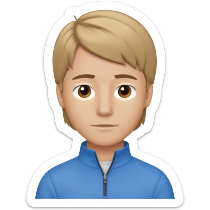 boy with dark blonde hair in a mullet to the front, with a neat blue shirt (not a t-shirt) and brown quarter zip sticker