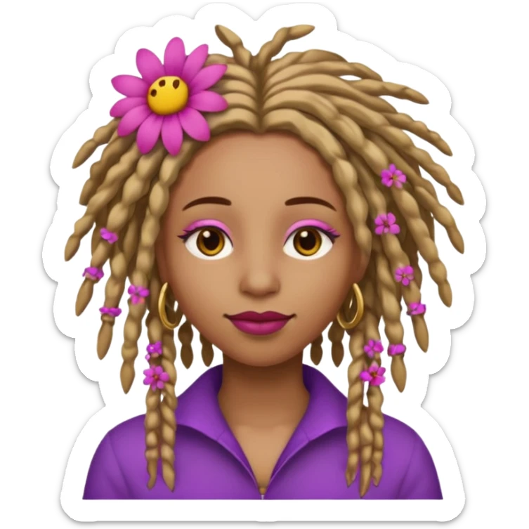 Gold dread locs pink emoji face purple flower in the hair red lipstick light brown face   sticker