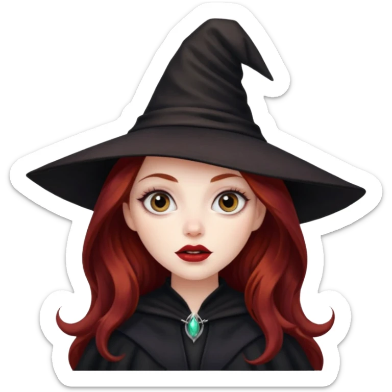 long and wavy dark red haired girl, with thick lips, big eyes and she looks like a witch sticker