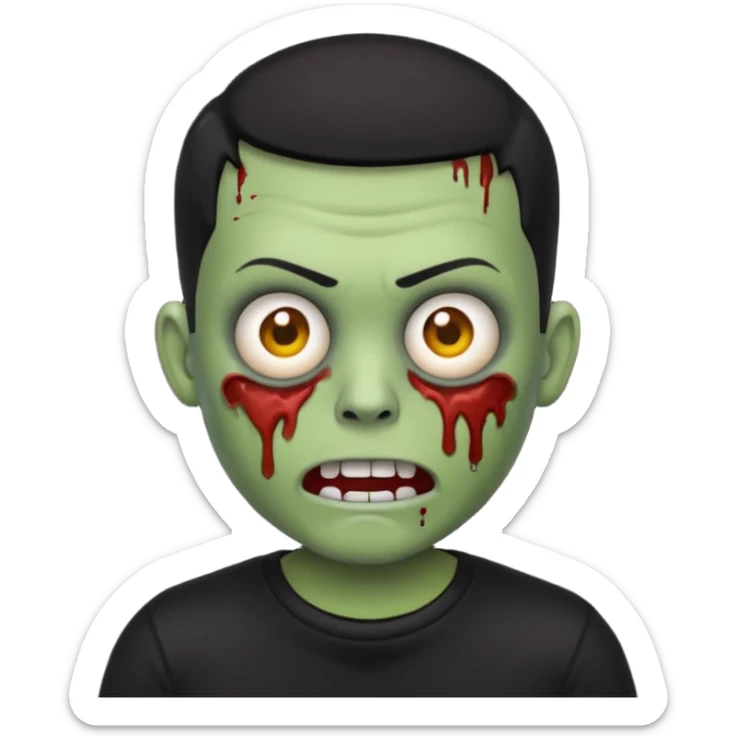 zombie emoji with buzz cut black hair and black t-shirt sticker