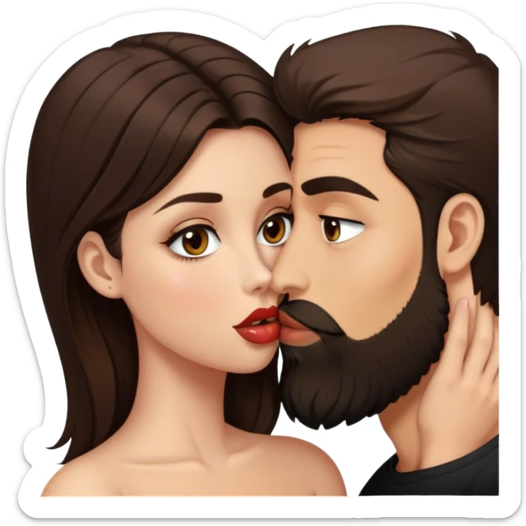 a brunette girl with hazel eyes and dark nude lips and brunette man with a beard kissing esch other  sticker