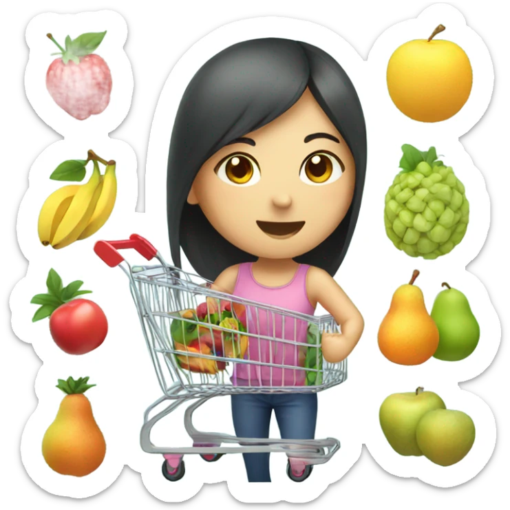 Asian girl with shopping cart full of fruits sticker