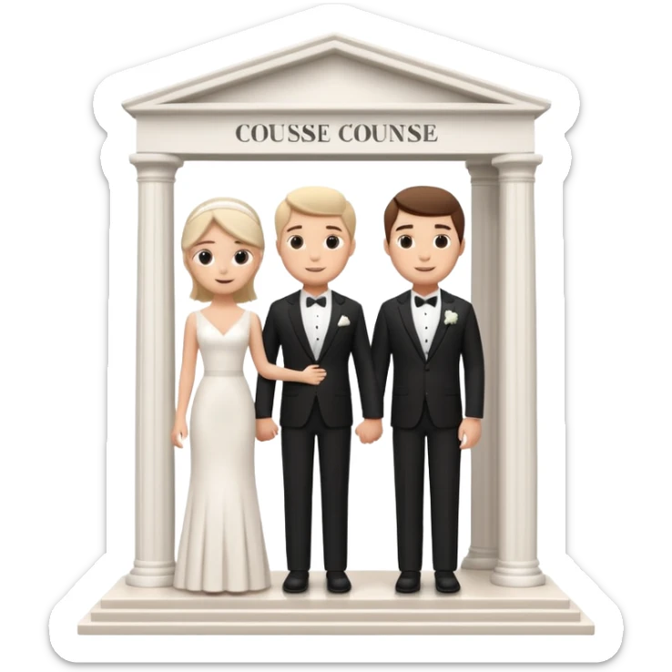 A 3D cartoon courthouse wedding venue with a bride and groom standing at the entrance, elegant white columns, soft natural lighting, simple modern decor, minimal background, realistic Memoji-style rendering. sticker