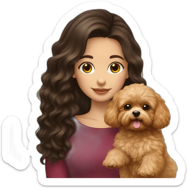 girl Ukrainian dark long  hair holding golden brown maltipoo sticker