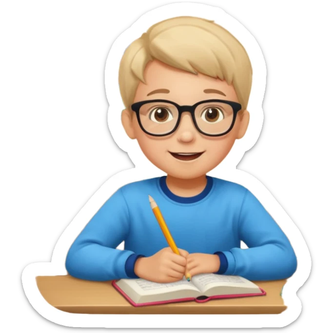un niño de entre 3 - 10 años estudiando ingles, un destello de luz o colores más vivos para el niño que estudia en su habitacion feliz  sticker