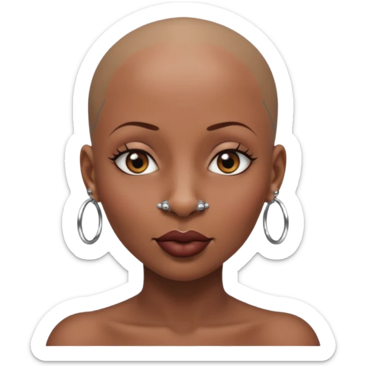 Grown black (proud) woman, bald with a perfect head, a prominent nose with a septum piercing, many piercings on her ears, a gap between her front teeth and very long nails sticker