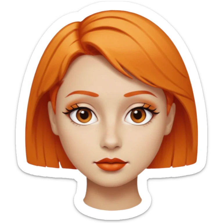 A person emoji with light skin, short orange hair swept to one side, matching orange eyebrows, brown eyes, an oval-shaped face, a small nose, and dark lipstick. sticker