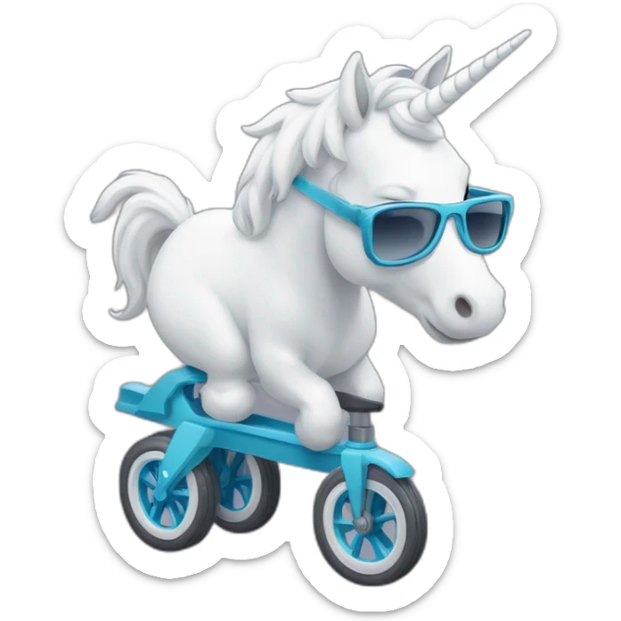 Une licorne blanche qui fait de la trotinette et qui a des lunettes de soleil sticker