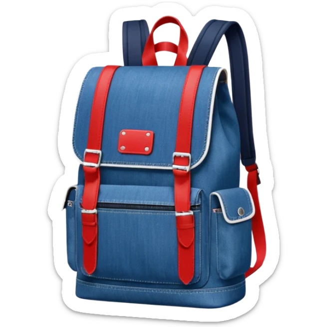 Minimalist emoji-style icon of a stylish blue denim backpack with a flap top, two vertical black buckle straps, a large red-white-navy horizontal block in the center, and two zipper side pockets. Inspired by Tommy Jeans design. Front view, cartoon-like, clean design.

 sticker