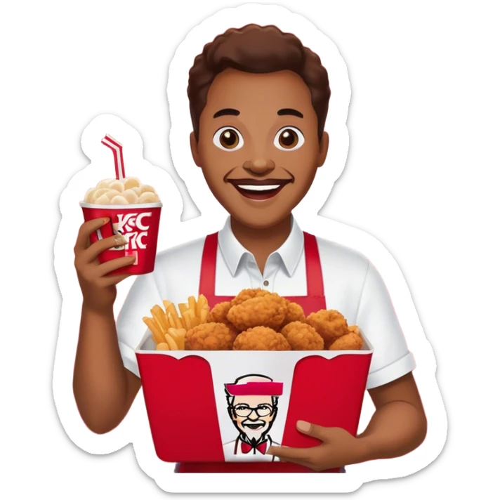 Create an emoji of a person holding a KFC meal with the phrase 'Absolute Cinema' in bold text. The person should look excited, as if they're enjoying the best meal ever. Use vibrant colors and a fun, expressive style."Remove the cup from the image and replace it with empty space. Keep the person holding the KFC meal with a happy expression. Add the phrase 'Absolute Cinema' in bold text, making sure it is clearly visible and well-integrated into the design." sticker