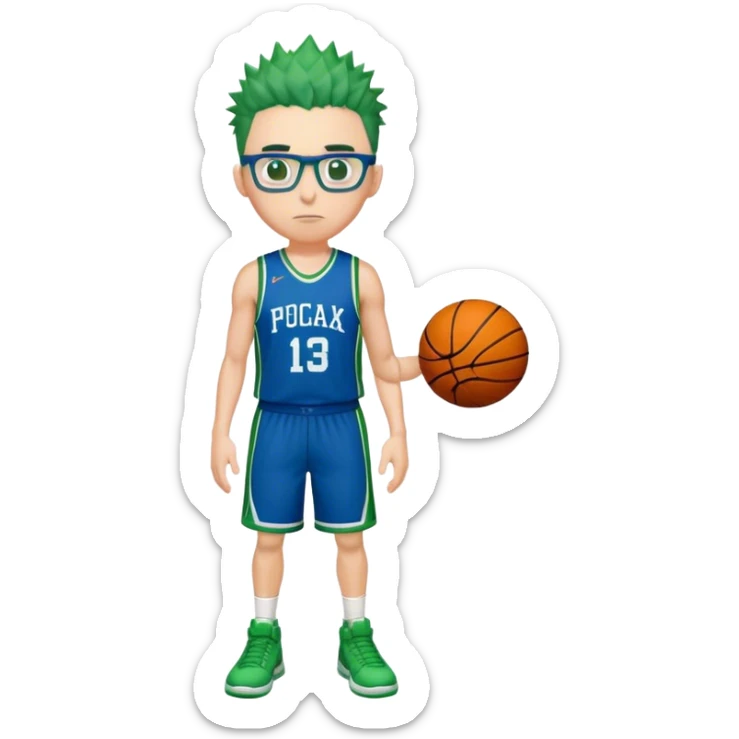 Full Body overweight white male with dark short spike hair basketball player wearing glasses wearing blue green uniform sticker