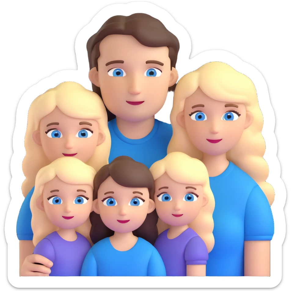 Family portrait with father with dark brown hair and blue eyes, mother with light brown hair and blue eyes, three blonde little girls with blue eyes sticker