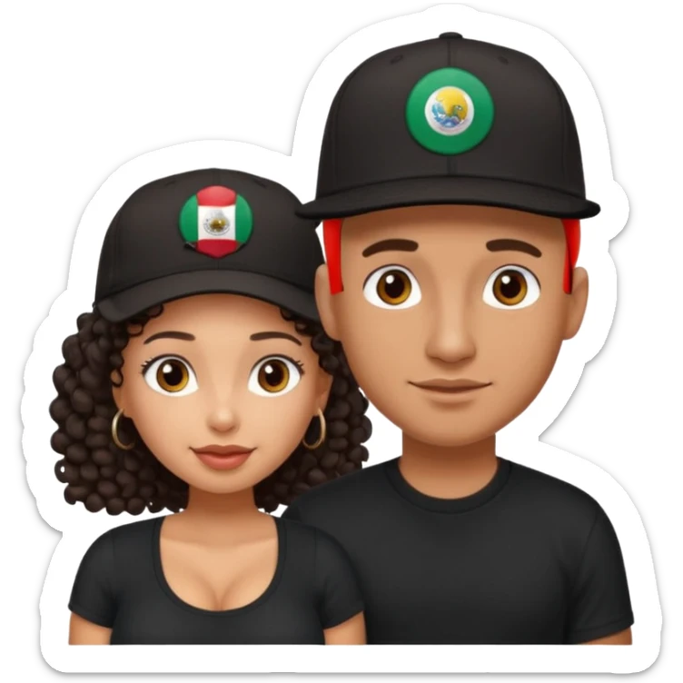 A picture of a cute tanned couple. the man is Mexican, with a bald hair cut wearing a SnapBack hat and a black shirt. the woman is mixed, she has curly longer dark brown hair, wearing no hat, and with big boobs  sticker