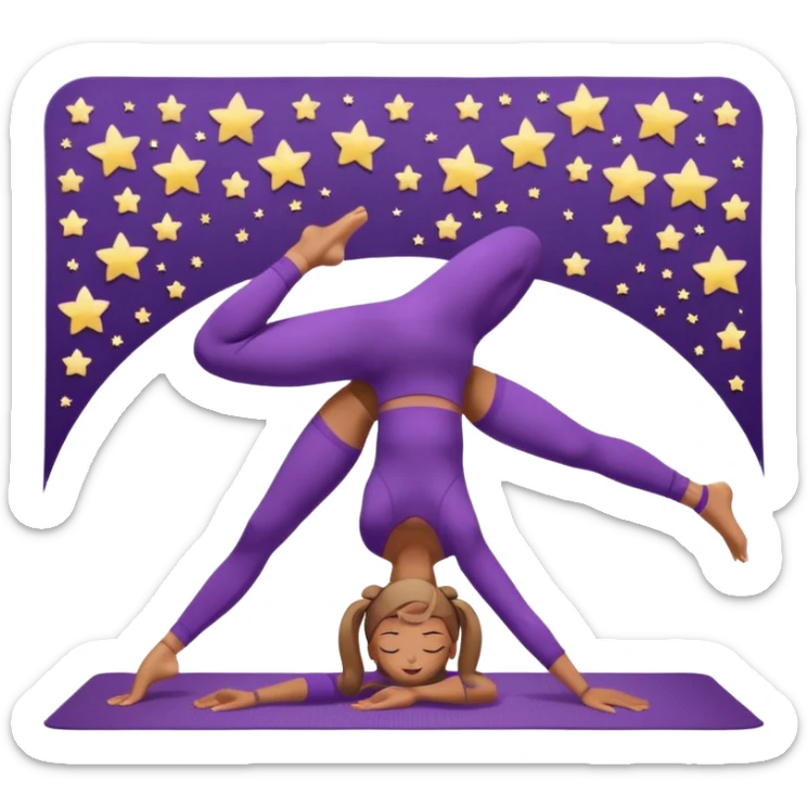 A woman wearing a purple yoga suit doing downward dog pose on a mat, pastel background with floating stars. sticker