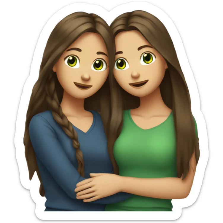 Two brunette best friends hugging one with long hair one with long hair girs and  green eyes sticker