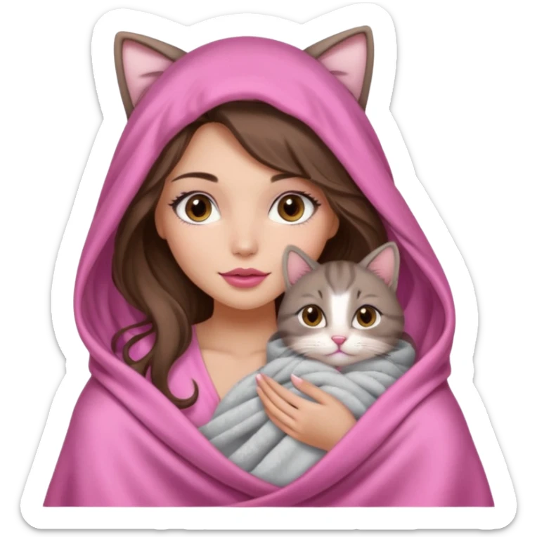 girl with long wavy brown hair, brown eyes, long lashes makeup, sexy pink lips, light to medium complexion, wearing a pink sexy silk top, big blanket over the head cozy holding a cat sticker