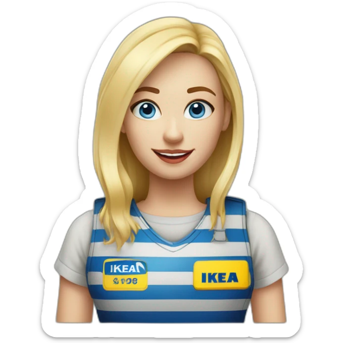 Ikea coworker blue eyes blond woman blue stripes t-shirt and yellow security vest with trolley scan sticker