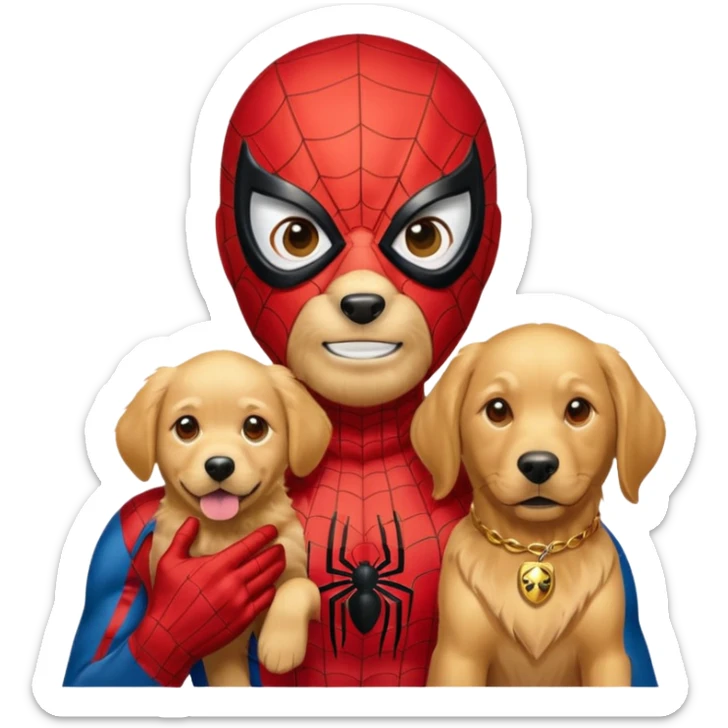 Spider-Man with Spider-Man mask and his golden retriever and his gold sticker